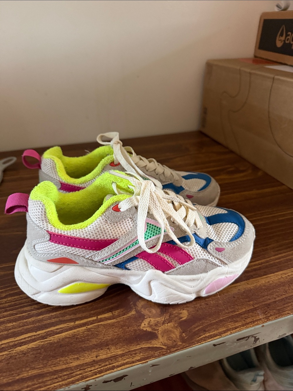 Reebok Kids White Sneakers with Pink, Blue & Neon Yellow Accents